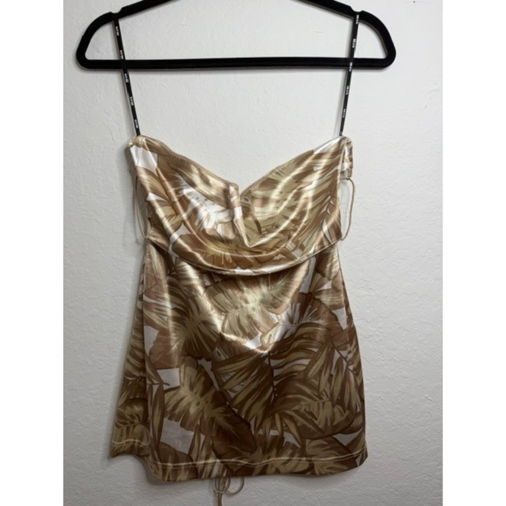 SER.O.YA Gold Tropical Palm Leaf Cowl Neck Open Back Cami Top